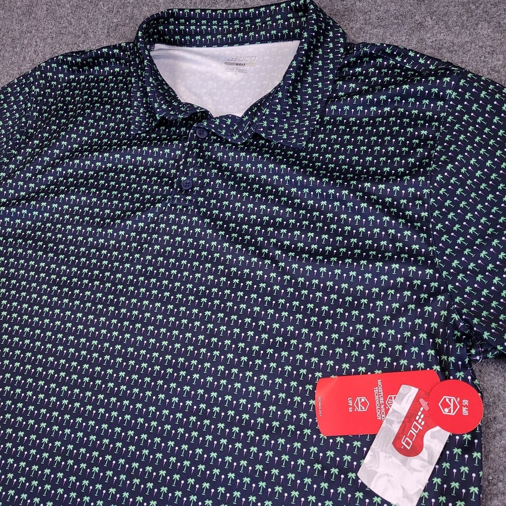 BCG Golf Polo Shirt Mens 2XL Navy Palm Tree Print Moisture Wicking Aloha NEW‎